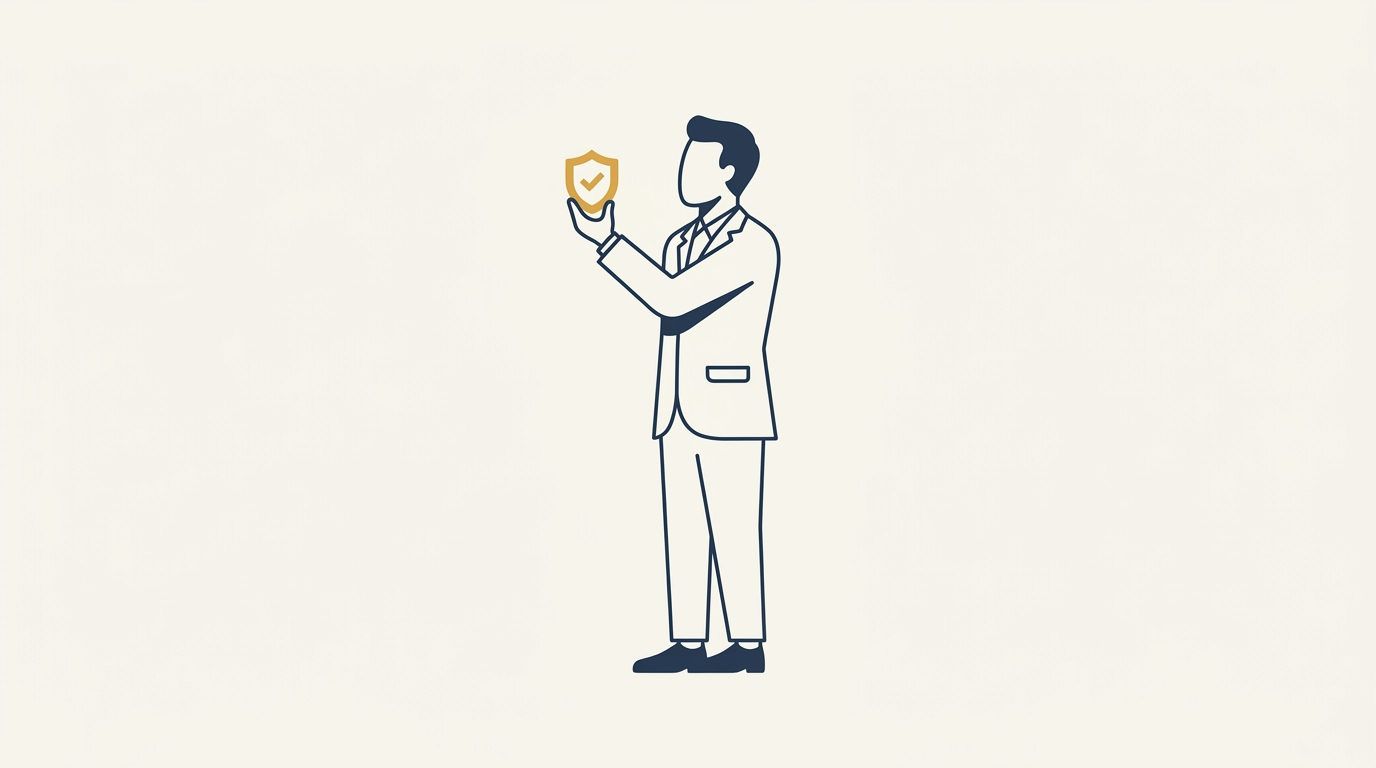 Minimalist flat vector illustration of a faceless navy figure holding a gold verification shield against a cream background.