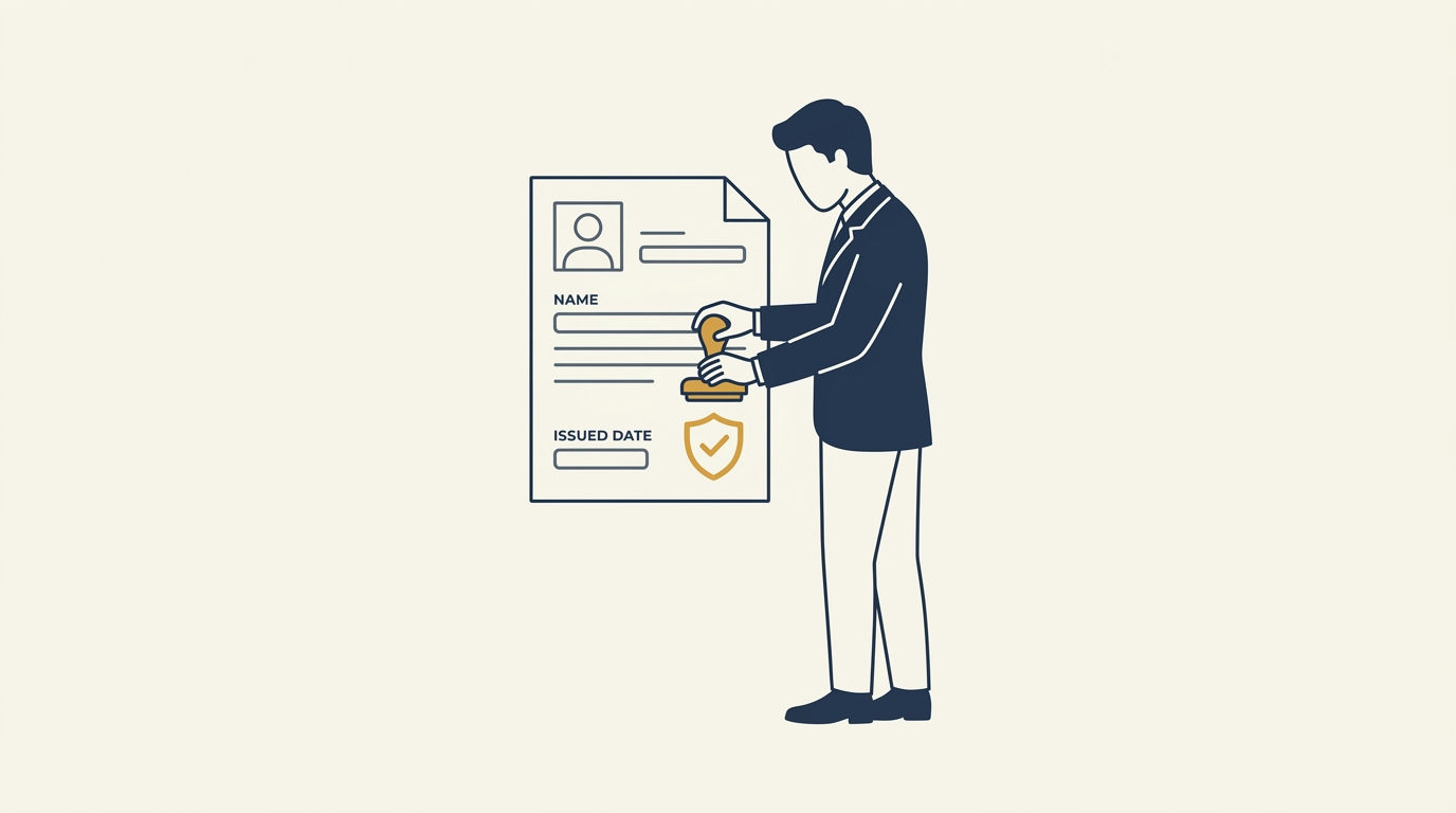 Stylized minimalist figure placing a gold verification seal onto a profile document against a cream background.