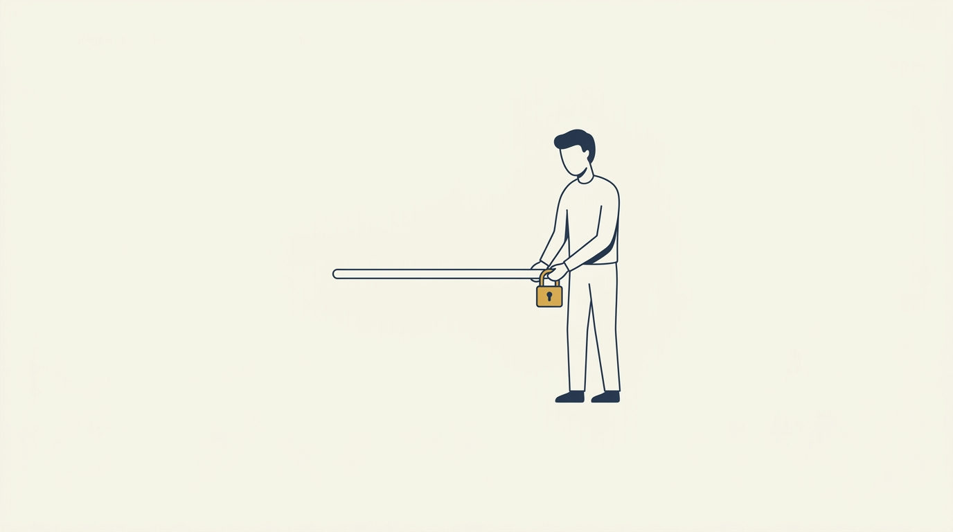 Stylized navy figure attaching a brass gold padlock to an oversized signature line on a cream background.