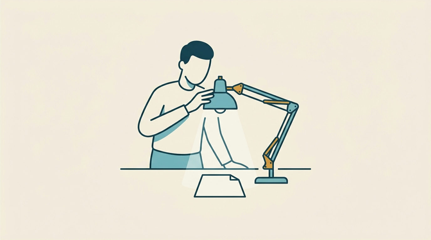 En ansiktslös figur justerar en arkitektlampa över ett dokument. Enkel, stiliserad illustration.