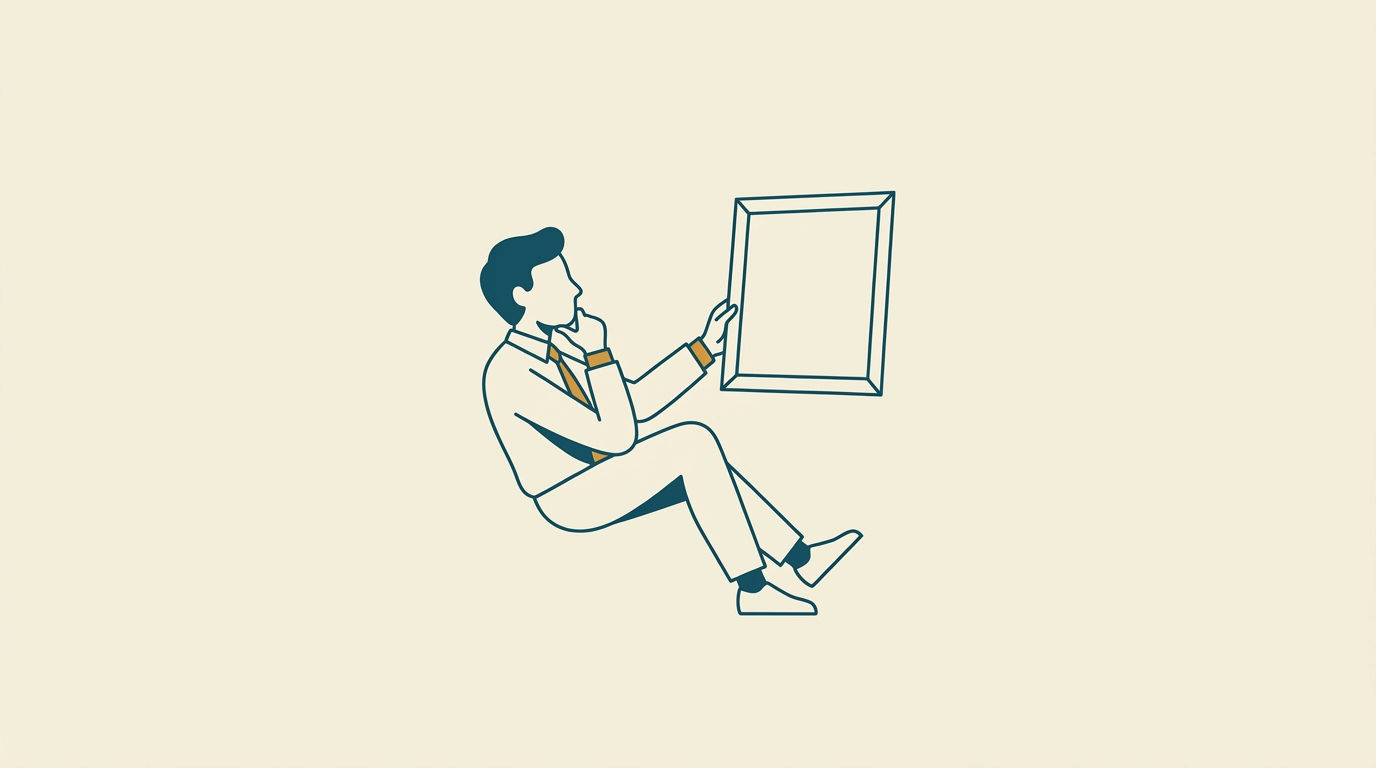 Stiliserad vektorillustration av en ansiktslös gestalt i profil som håller en tom tavelram mot en ljus bakgrund.