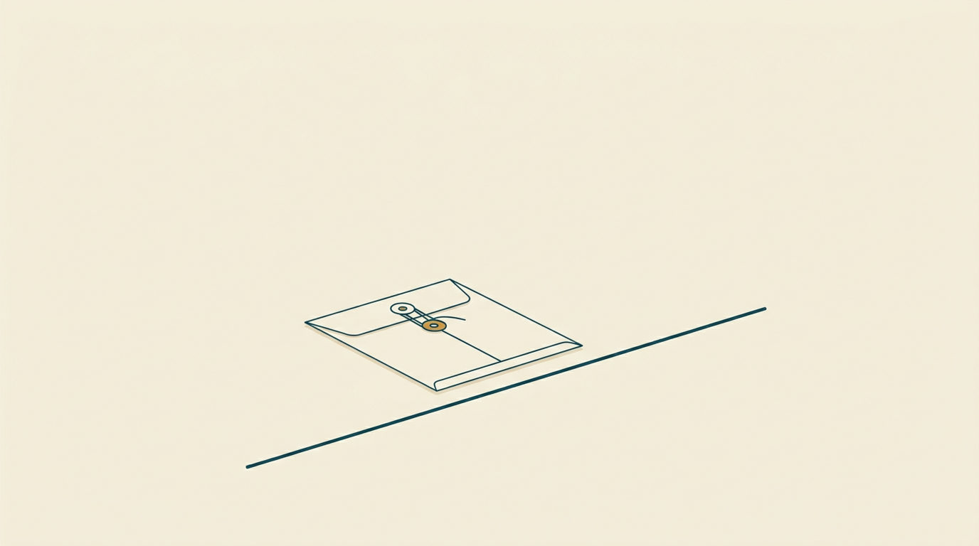 Minimalistisk illustration av ett dokumentkuvert med snörning framför en horisontell linje på en ljus, öppen yta.