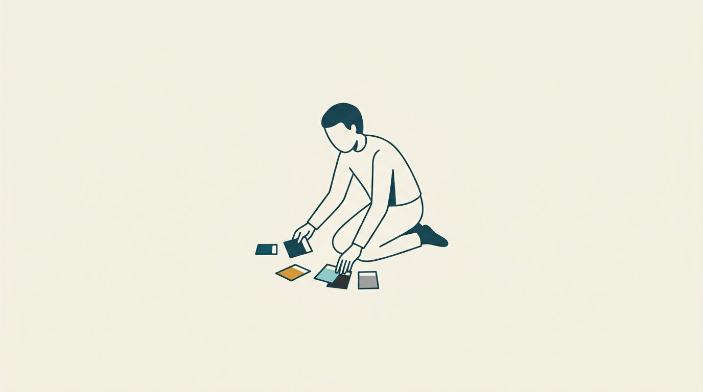 En ansiktslös figur på knä ordnar färgprover på marken mot en minimalistisk, ljus bakgrund.