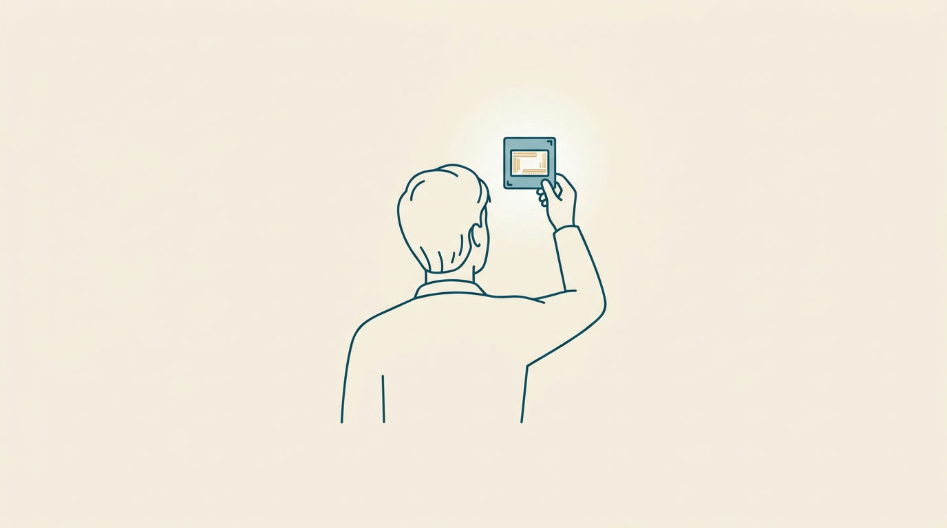 Minimalistisk illustration av en figur sedd bakifrån som håller upp en genomskinlig filmram mot en ljus bakgrund.