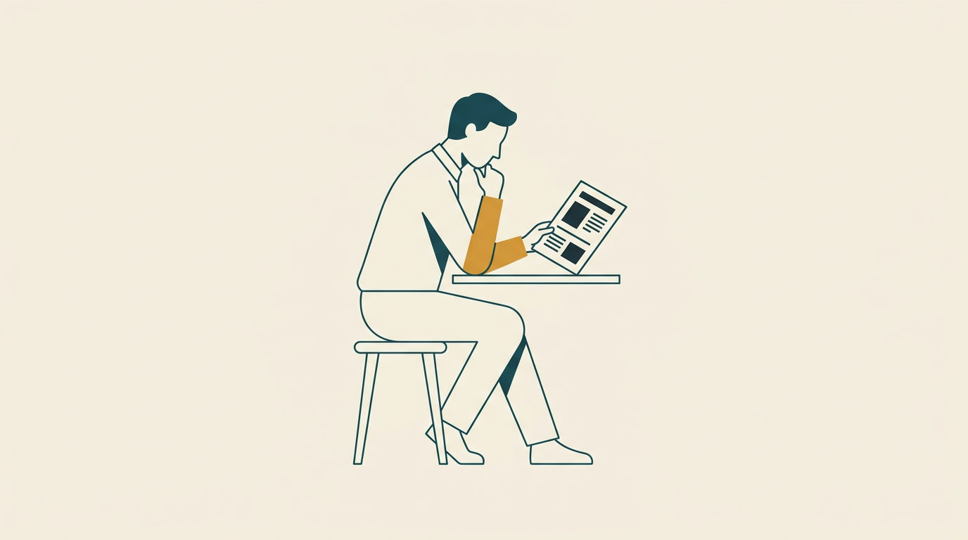 Minimalistisk illustration i blågröna linjer av en sittande person i profil som läser ett papper mot ljus bakgrund.