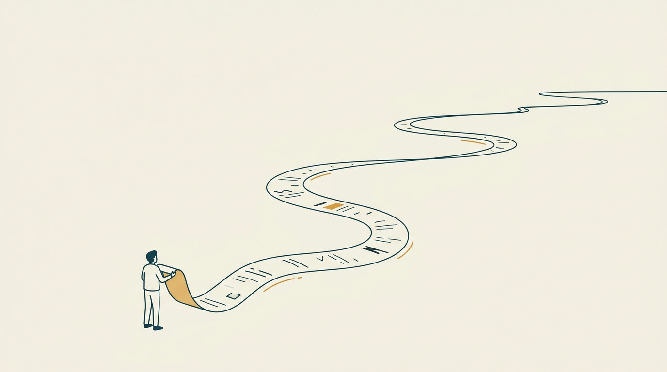 Minimalistisk illustration av en liten figur som håller ett långt slingrande pappersdokument mot en vidsträckt ljus bakgrund.