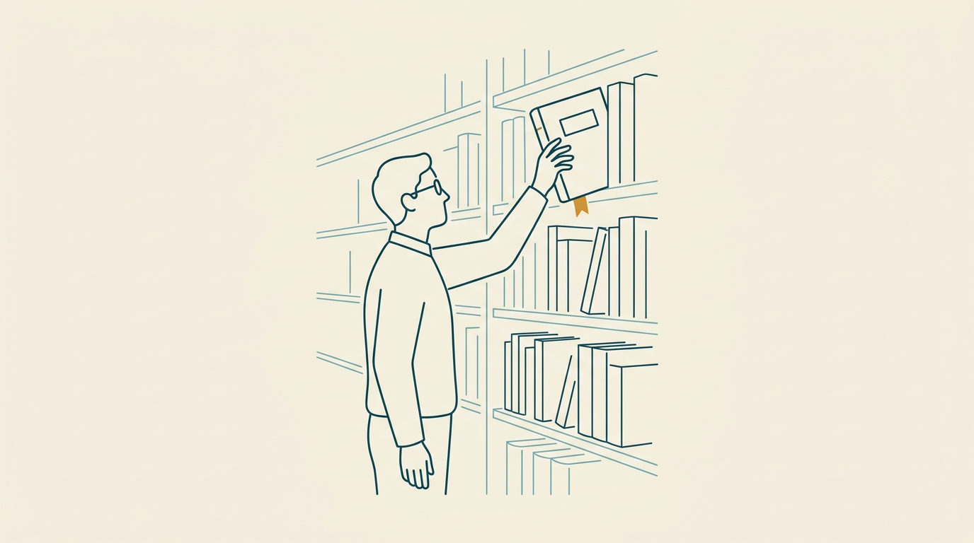 Minimalistisk illustration i blågröna linjer av en person som drar ut en dokumentmapp med bokmärkesband från en hylla.