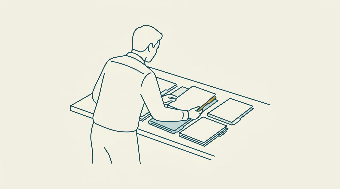 Minimalistisk vektorillustration av en person som ordnar dokument vid ett bord, tecknad med blågröna linjer och ockragul accent.