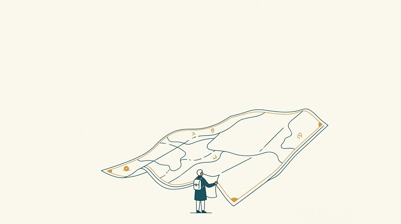 Liten stiliserad figur håller en stor, delvis tom karta i en minimalistisk vektorillustration med stor vitrymd.