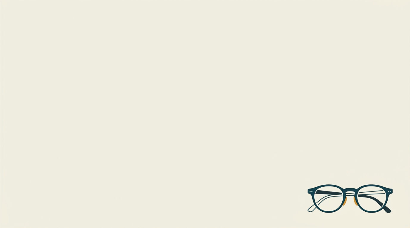 Minimalistisk vektorillustration av ett par läsglasögon i nedre hörnet mot en stor, tom benvit bakgrund.