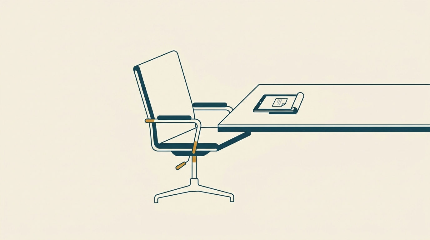 Minimalistisk illustration: Blå konferensstol vid ett bord, antyder uppmärksam lyssning.