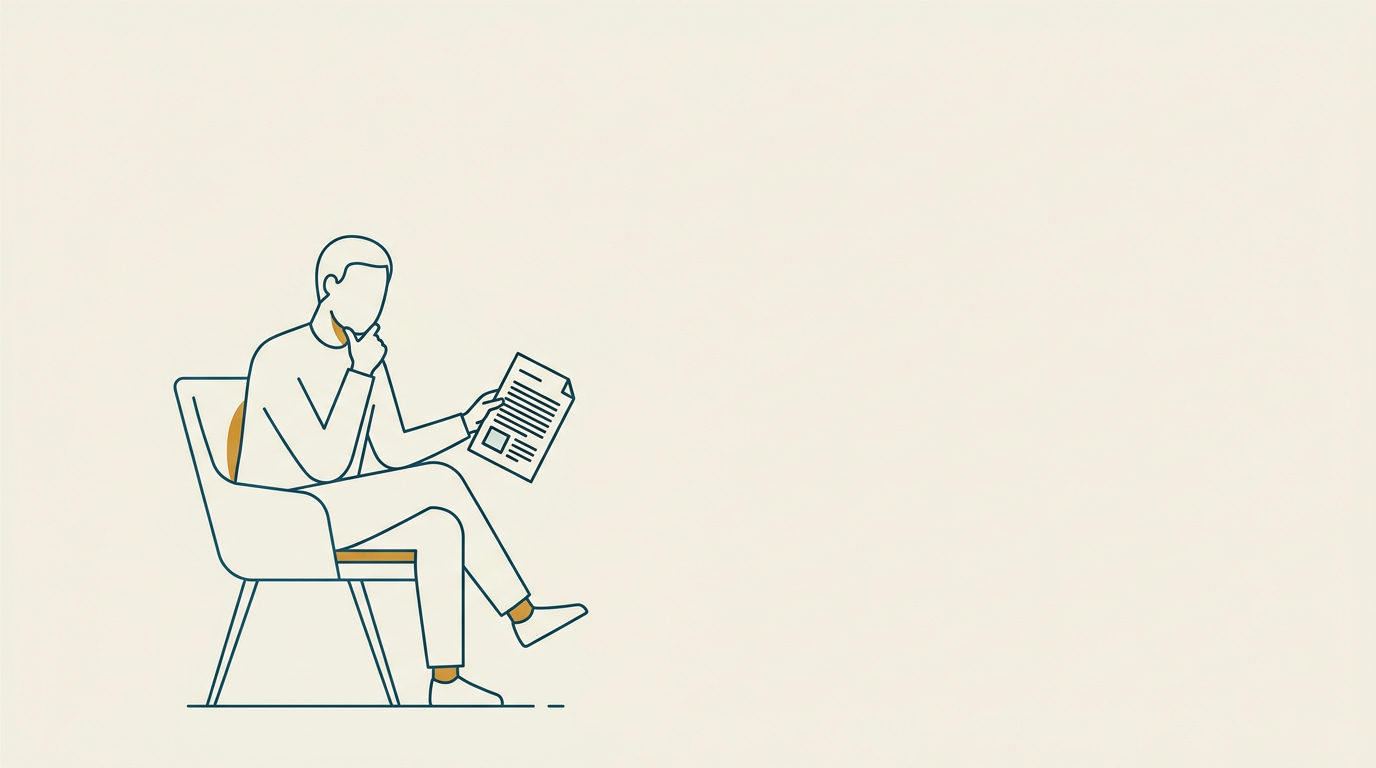 Minimalistisk vektorillustration av en ansiktslös person som sitter i en stol och studerar ett dokument.