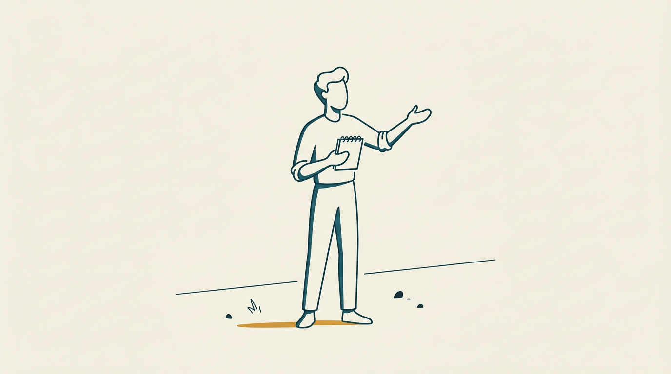 Minimalistisk vektorillustration av en ansiktslös figur som håller ett öppet anteckningsblock och gestikulerar med handen.