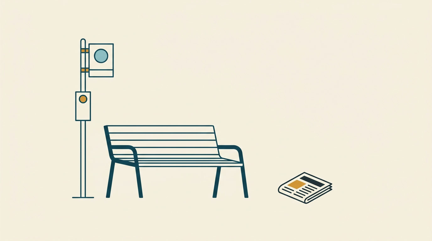 Minimalistisk vektorillustration av en tom väntbänk under en hållplatsskylt i blått och ockra mot ljus bakgrund.