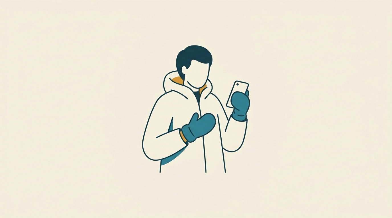 Stiliserad figur i vinterjacka och tjocka vantar som håller en smartphone mot en minimalistisk ljus bakgrund.