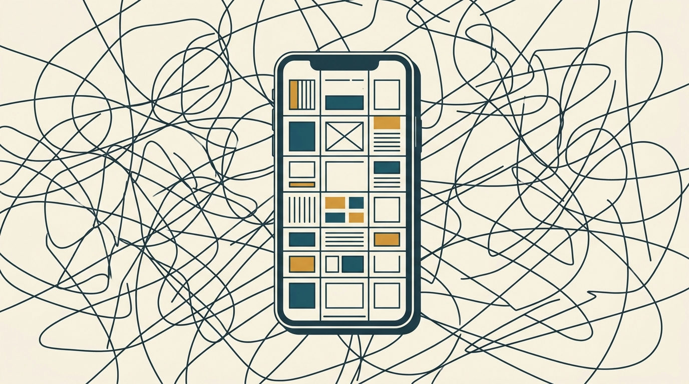 En smarttelefon på ett kaotiskt linjemönster, vars skärm visar linjerna organiserade i rena geometriska rutor.