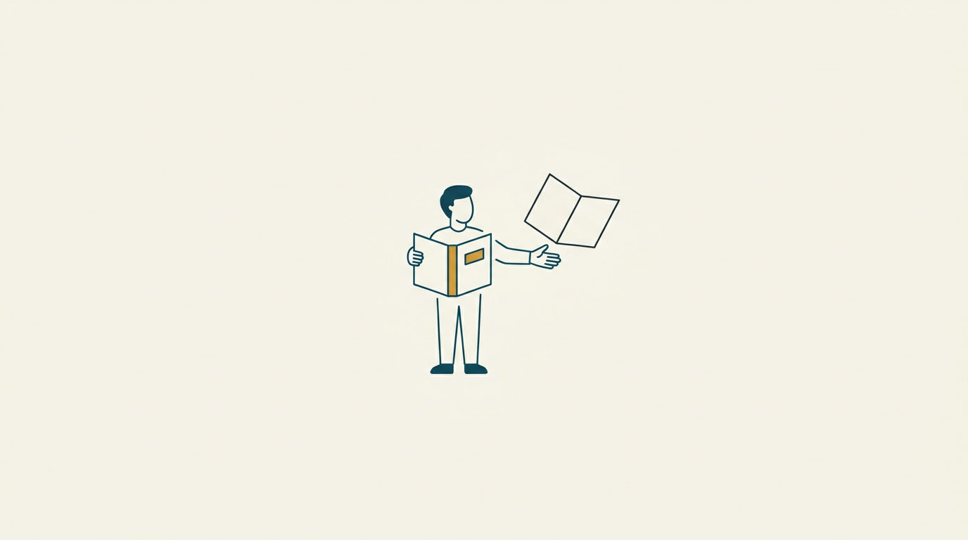 Minimalistisk platt illustration av en stiliserad person som håller en mapp och visar ett dokument mot ljus bakgrund.