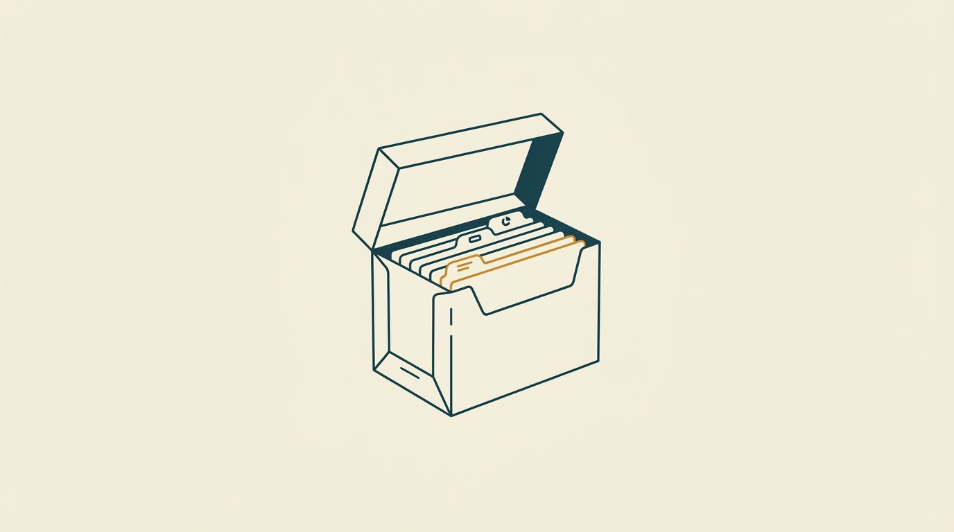 Minimalistisk platt illustration av en öppen arkivlåda med sorterade dokumentmappar i blått och ockra på ljus bakgrund.