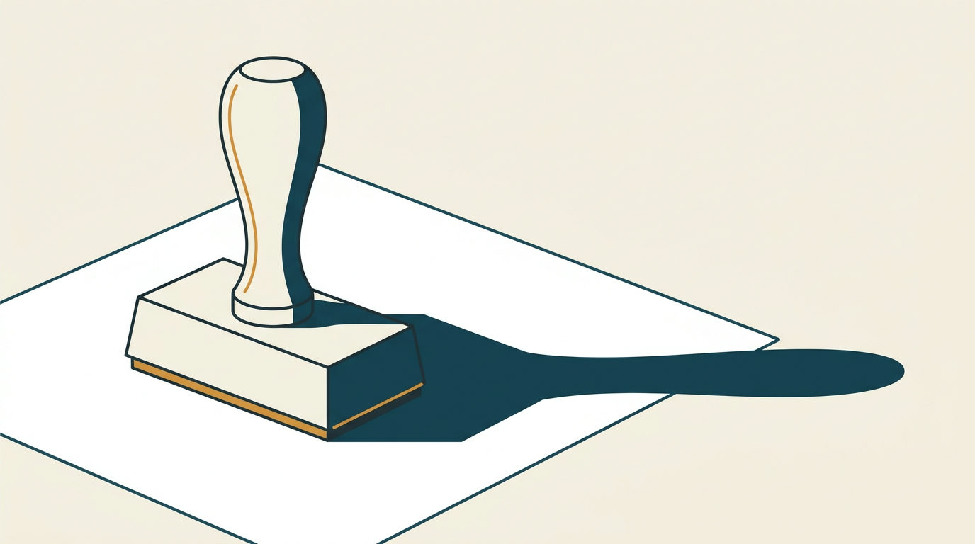 Minimalistisk vektorillustration av en stämpel som kastar en lång skugga över ett tomt ljust papper.