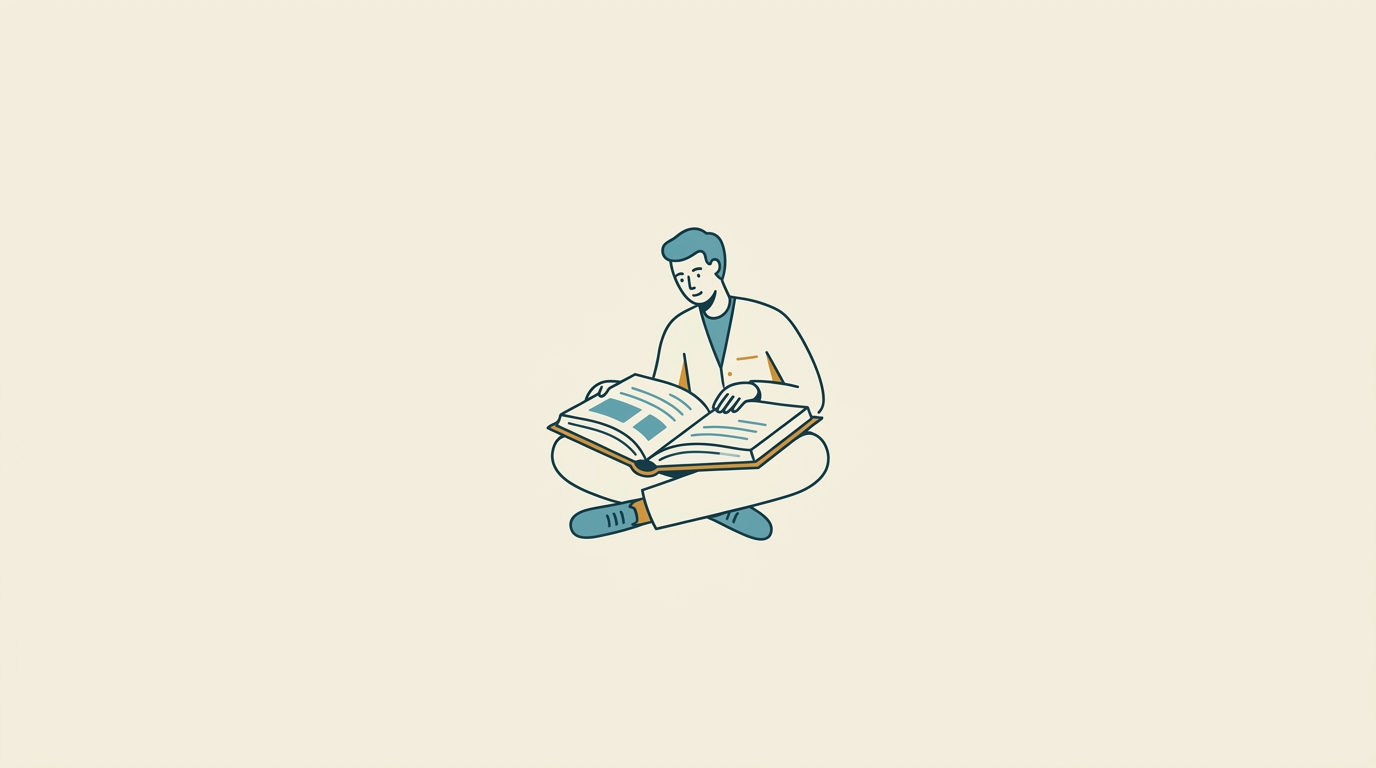 Stiliserad figur sitter bekvämt, läser en stor referensbok i knät. Ljus, lugn illustration.