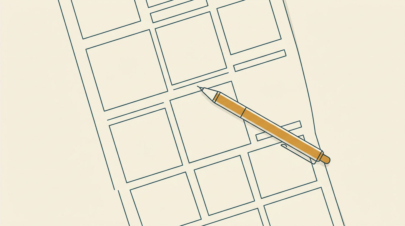 Minimalistisk illustration av en ockragul penna ovanpå ett strukturerat dokument med geometriska layoutblock i petrolblått.