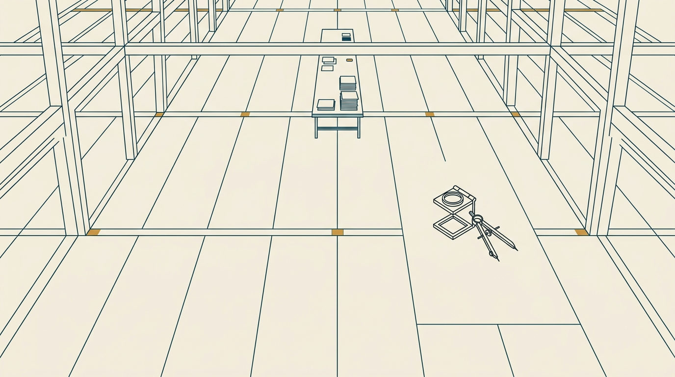 Minimalistisk vektorillustration av en vidsträckt arkivsal i fågelperspektiv med ett bord och pappersbuntar i petrolblå linjestil.