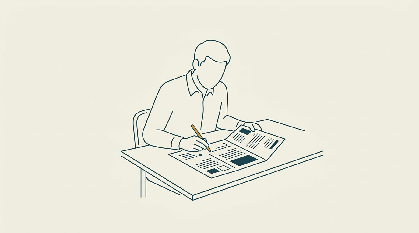 Minimalistisk illustration i petrolblått av en person vid ett skrivbord som granskar ett utvikt dokument.