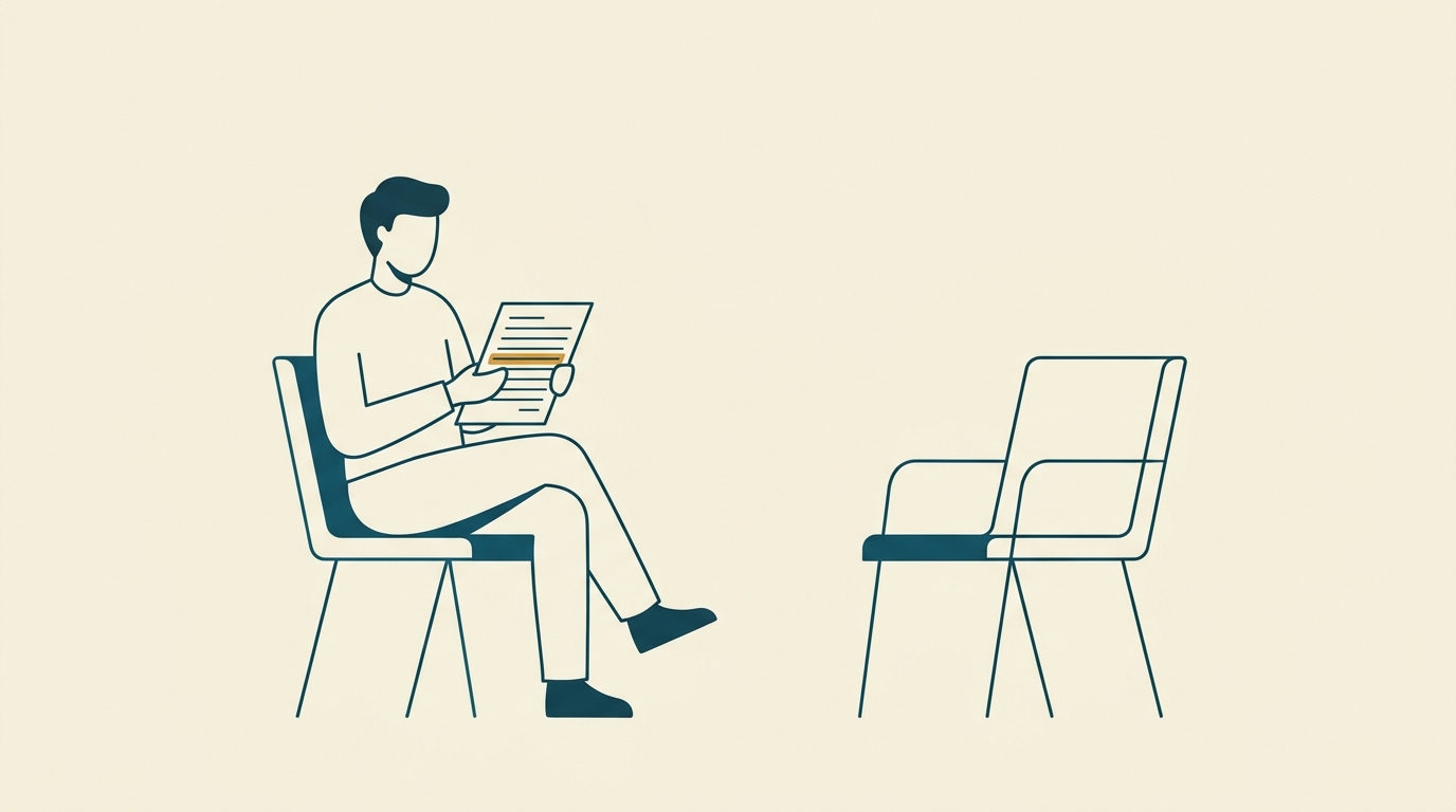 Stiliserad figur sitter i minimalistisk stol, granskar dokument med ockra-accent i vitt utrymme.