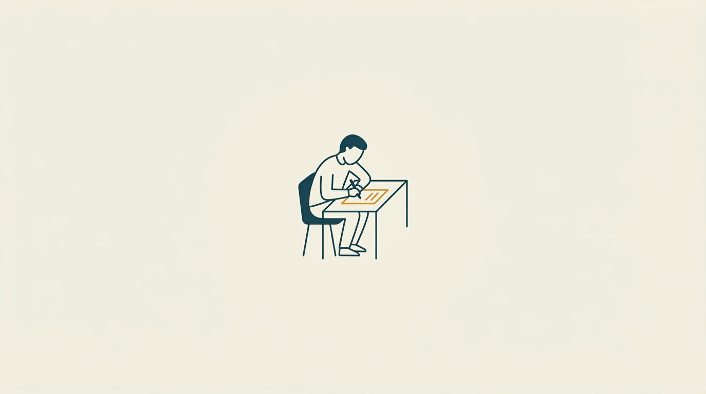 Styliserad figur sitter vid ett skrivbord, böjd över ett dokument med penna.