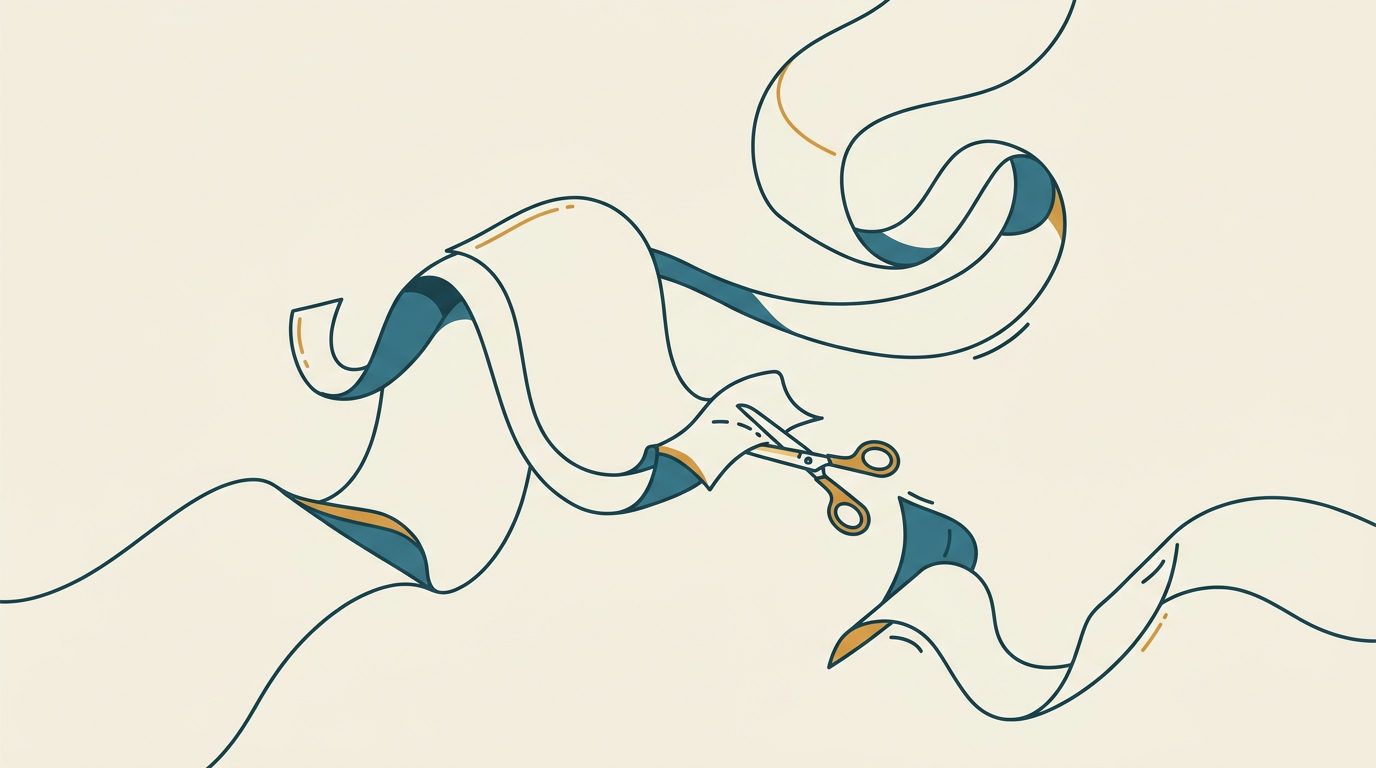 Minimalistisk vektorillustration av ett långt slingrande pappersband och en liten öppen sax på ljus bakgrund.