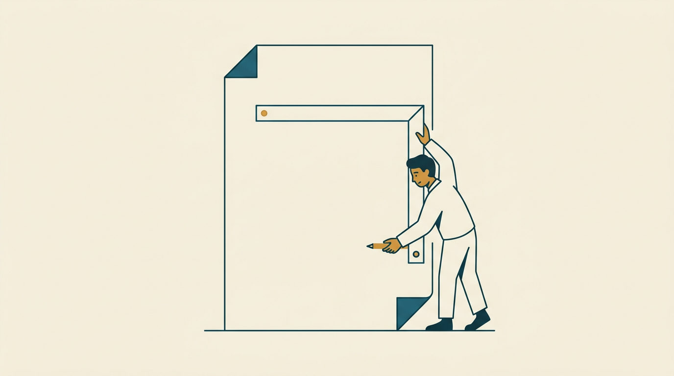 Stiliserad platt figur som placerar en L-formad vinkelhake på ett tomt papper i minimalistisk vektorstil.