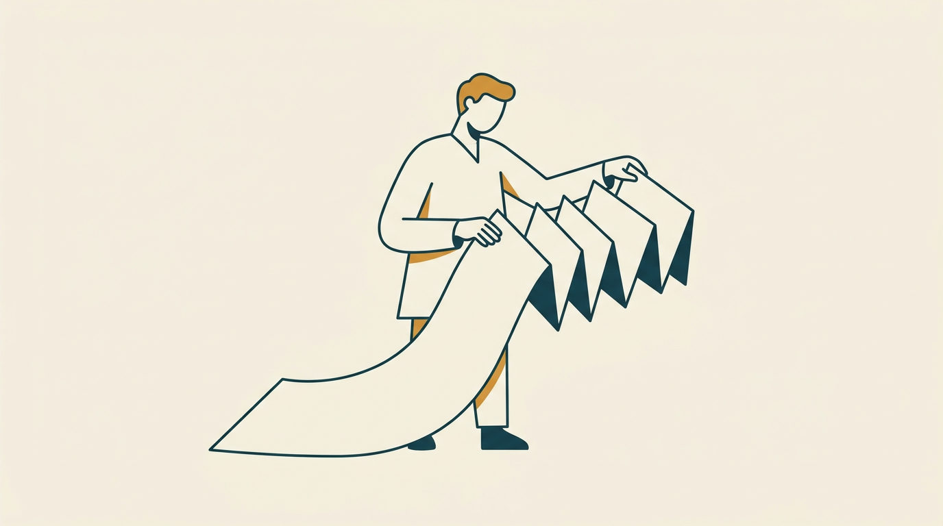 Minimalistisk vektorillustration där en stiliserad figur viker ett pappersark till en dragspelsform mot ljus bakgrund.