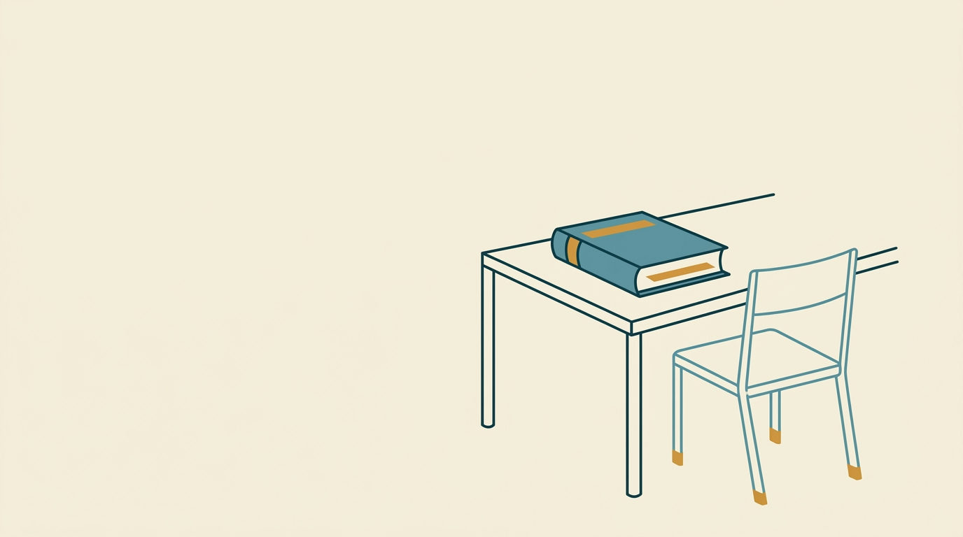 Minimalistisk illustration av en stängd bok på ett bord med en stol mot en ljus bakgrund.