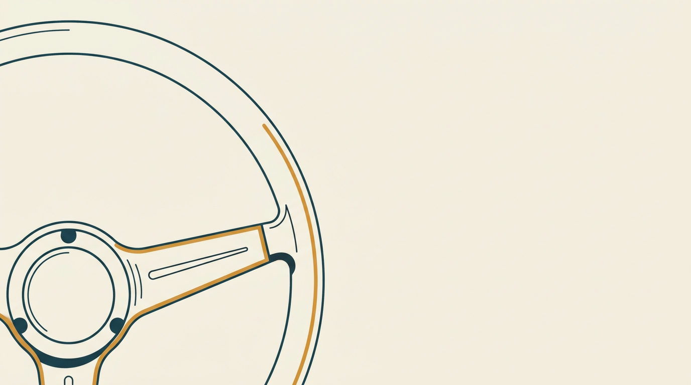 Minimalistisk platt illustration av en klassisk ratt i petrolblått och ockra mot en ljus bakgrund.