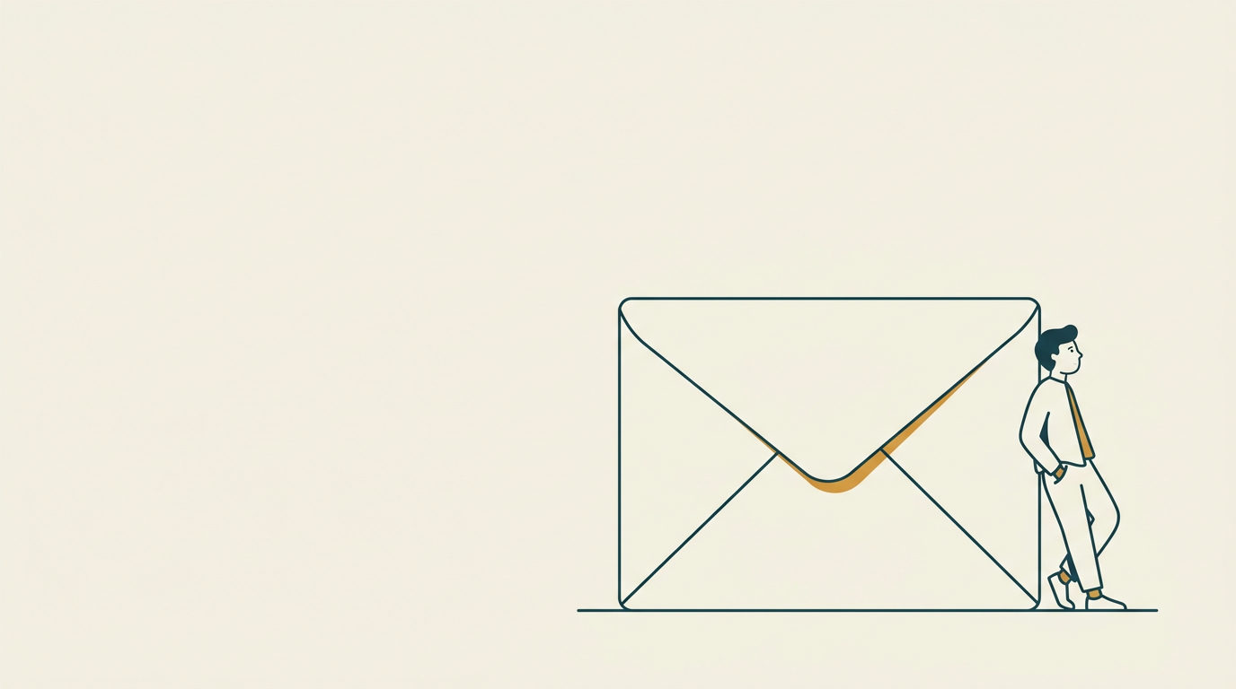 Minimalistisk vektorillustration av en liten person som lutar sig mot ett gigantiskt, stängt kuvert.