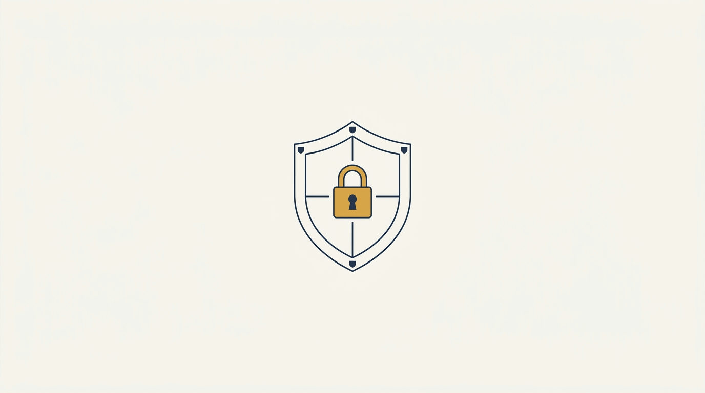A minimalist vector illustration of a brass gold padlock on a deep navy security shield, on an off-white background.