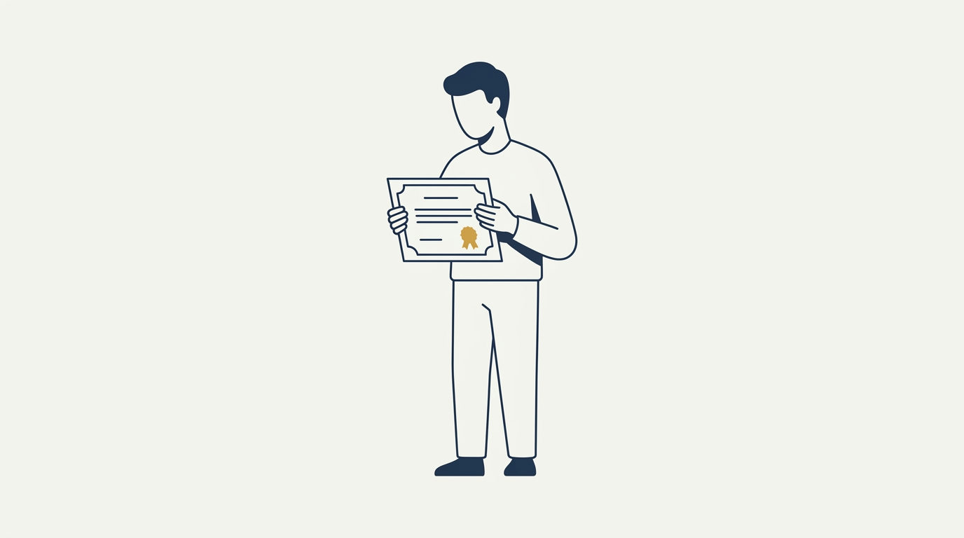 Stylized figure quietly holding a crisp certificate with a brass gold verification seal.