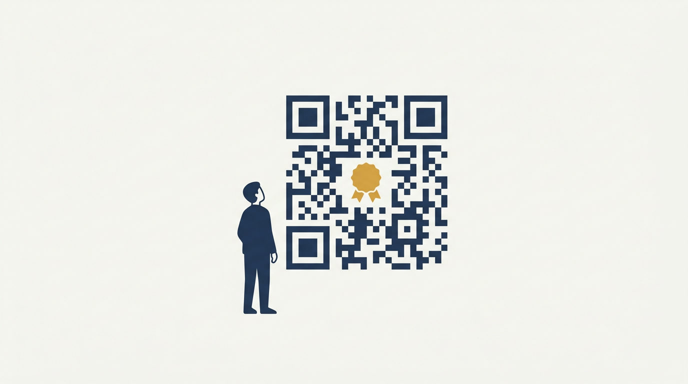 Tiny figure inspects large navy QR code with a central brass gold verification seal.