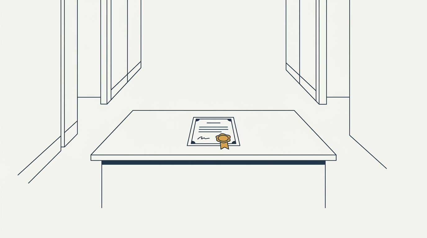 Minimalist illustration of a verification desk with a gold-sealed certificate on a vast off-white background.