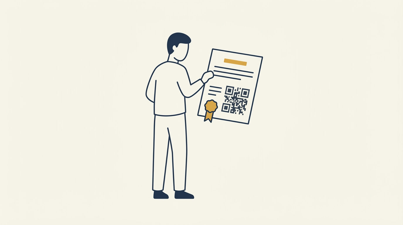 Figura estilizada em linhas azul-marinho a analisar um certificado de formação com um código QR dourado em destaque.