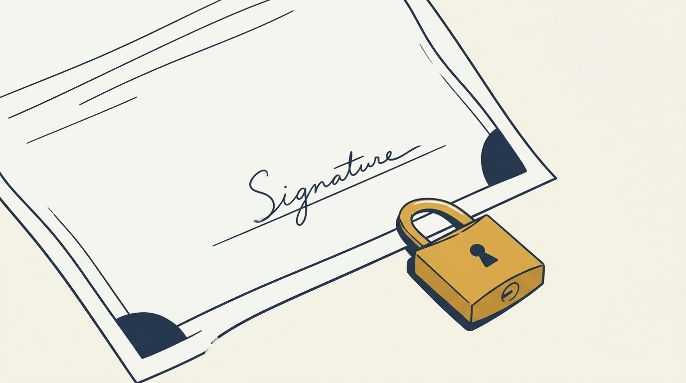 Ilustração vetorial minimalista da linha de assinatura de um certificado de formação protegida por um cadeado dourado sobre fundo creme.