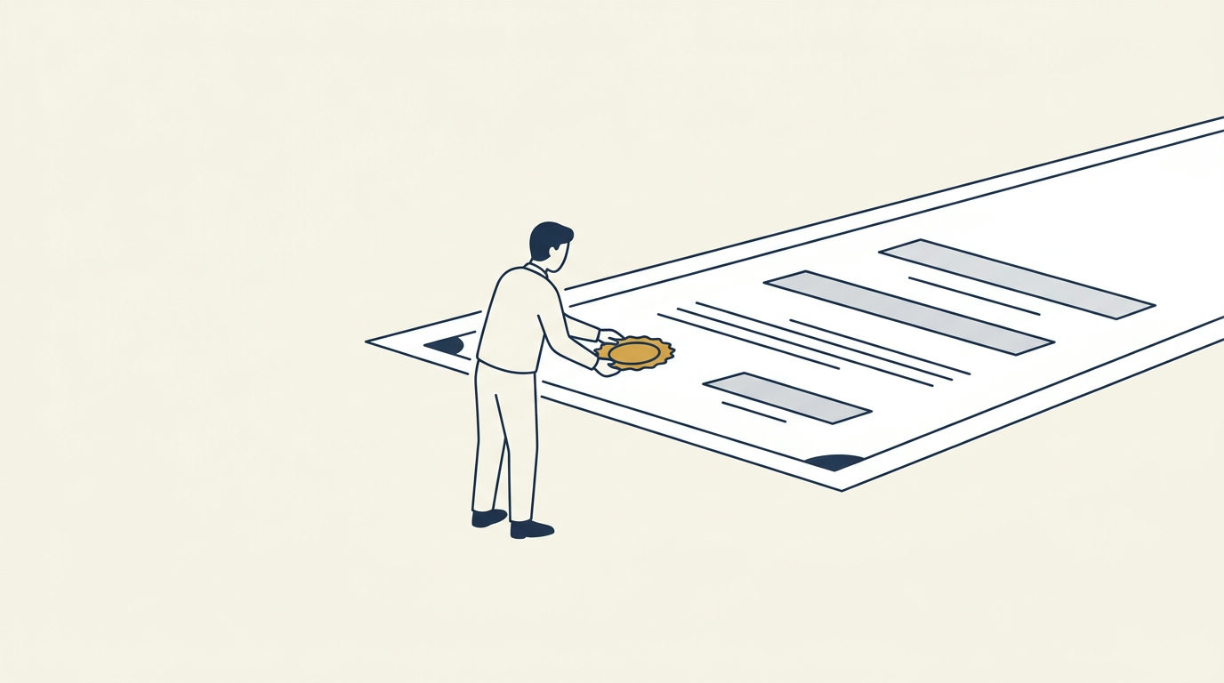 Ilustração minimalista de uma figura a colocar um selo dourado num certificado de formação de grandes dimensões.