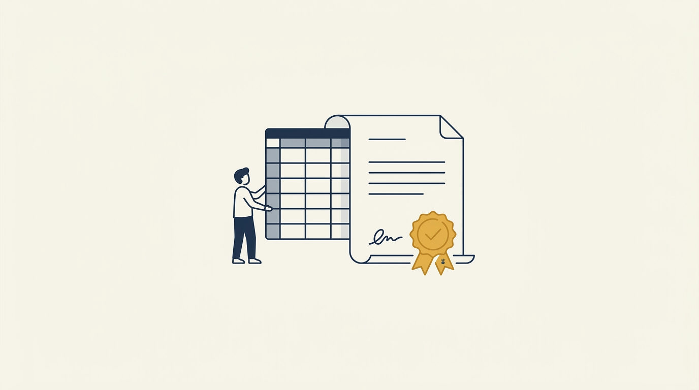 Stylized administrator figure next to a spreadsheet grid flowing into a certificate with a gold seal.