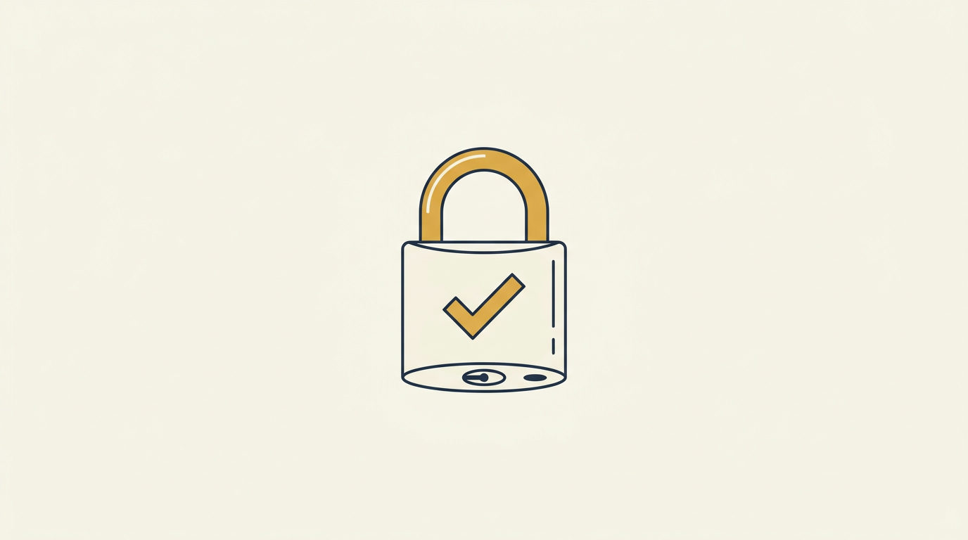 Flat vector illustration of a navy padlock with a brass checkmark on a warm, ivory background.