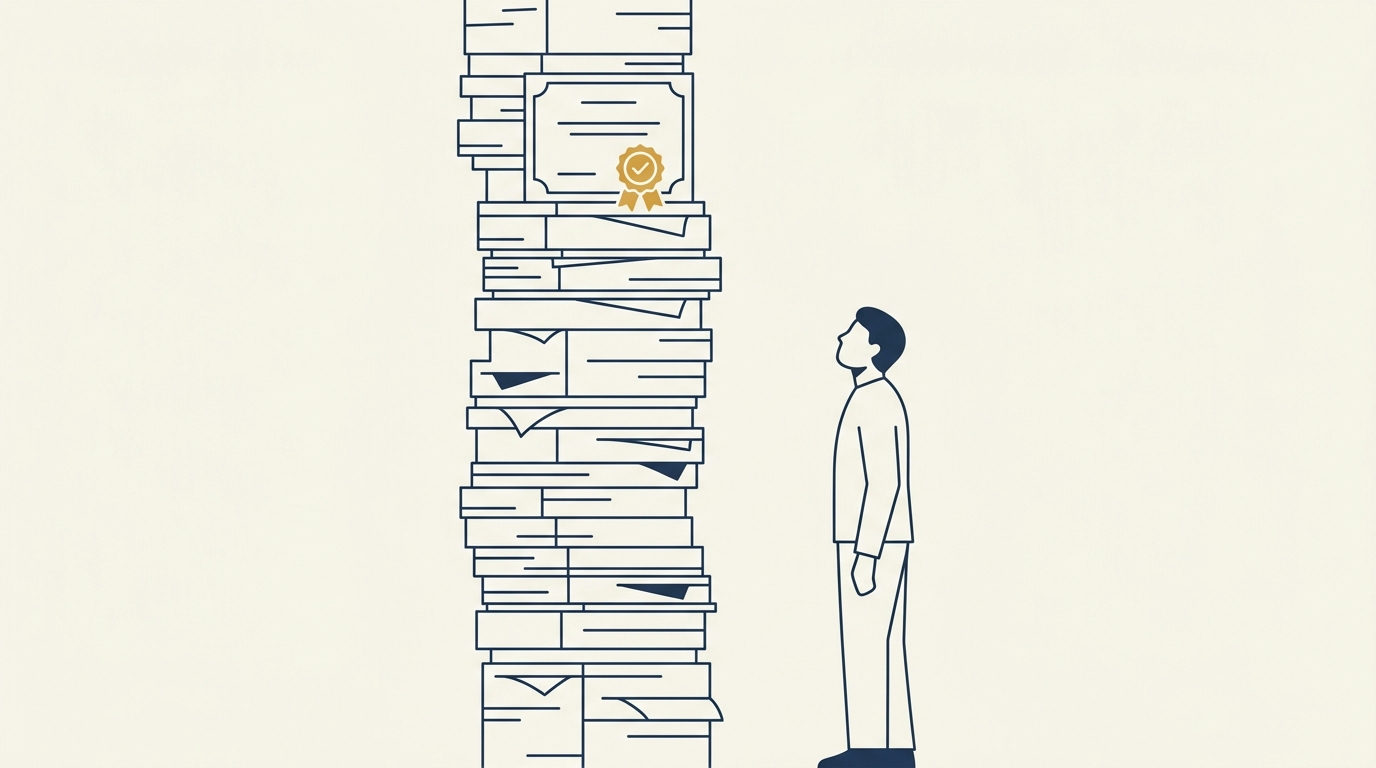 Stylized figure next to a towering stack of certificates with a brass gold verification seal.