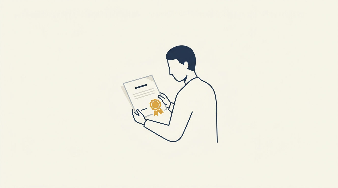 Faceless figure in a vast white space reviewing a certificate with a brass gold seal.