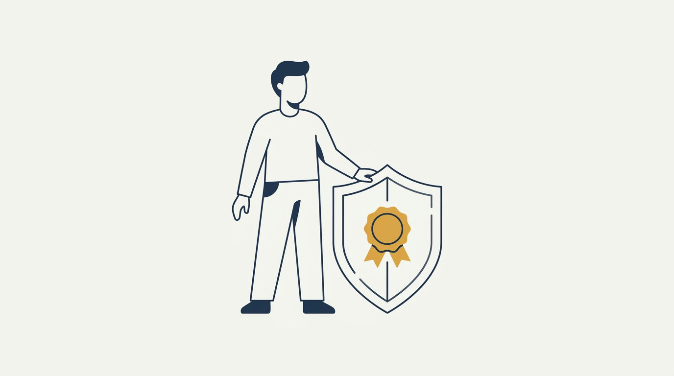 Stylized figure rests hand on a privacy shield, representing secure data protection on an off-white background.