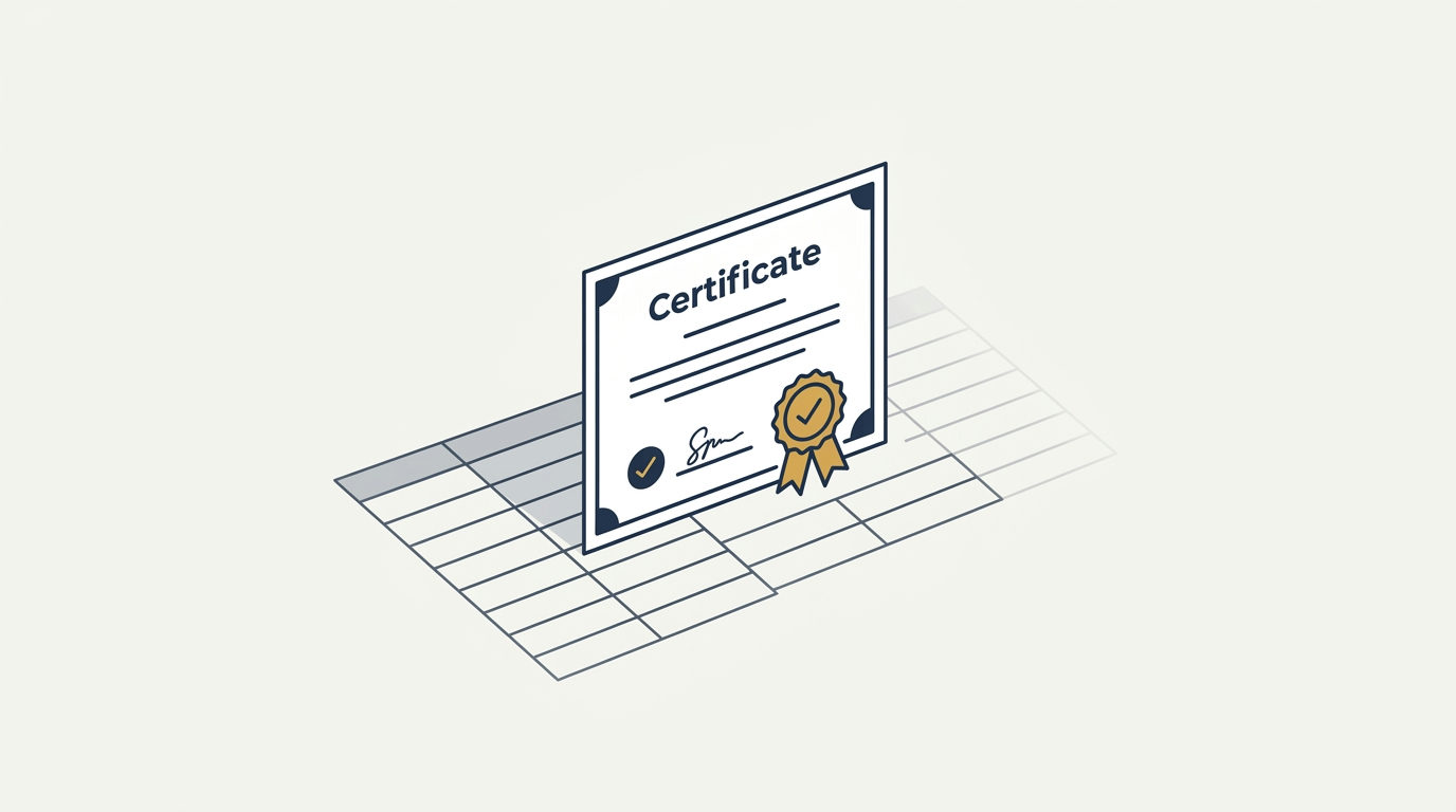 Minimal illustration of a certificate emerging from a slate grid, with brass gold accents.