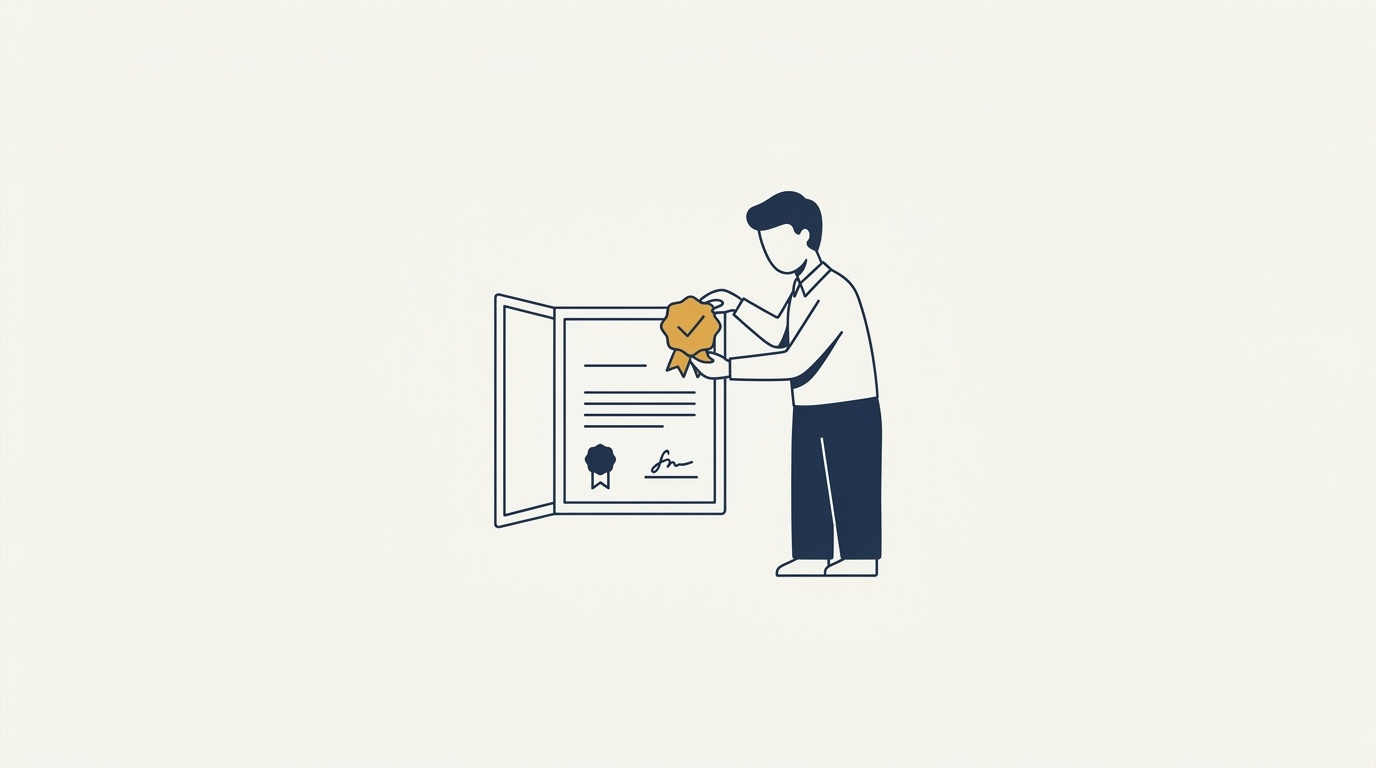 Stylized figure adjusts a brass gold checkmark badge on a clean certificate, representing data hygiene.