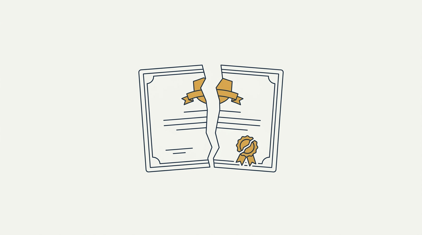 A gold-accented certificate document is cleanly split in half, symbolizing broken security of static files.
